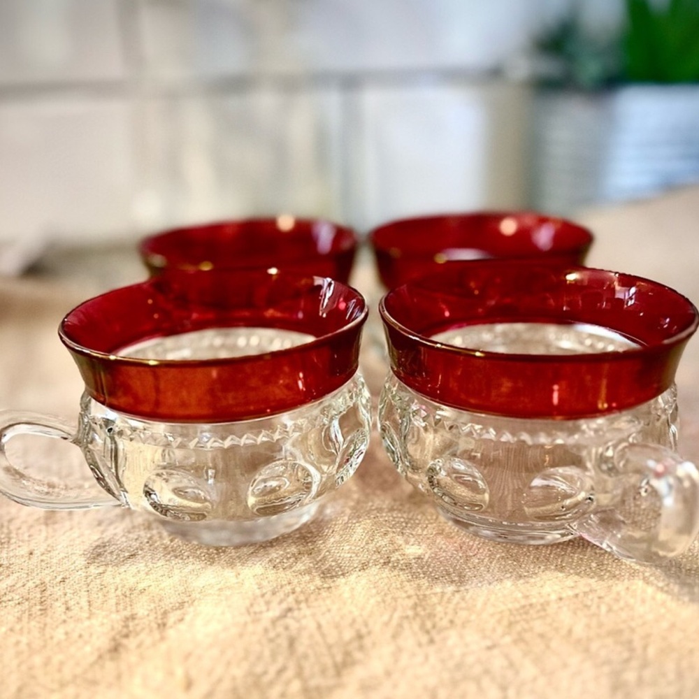 Stunning 1940s Tiffin Franciscan Kings Crown Thumbprint Ruby Red Flashed 8pc Set - Picture 9 of 16